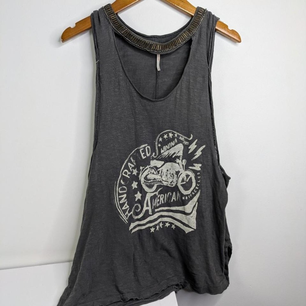 Free People Motorcycle Graphic Tank Top S Beaded American Moto Boho